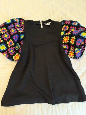 THML Black Top with Multicolor Crochet Puff Sleeves